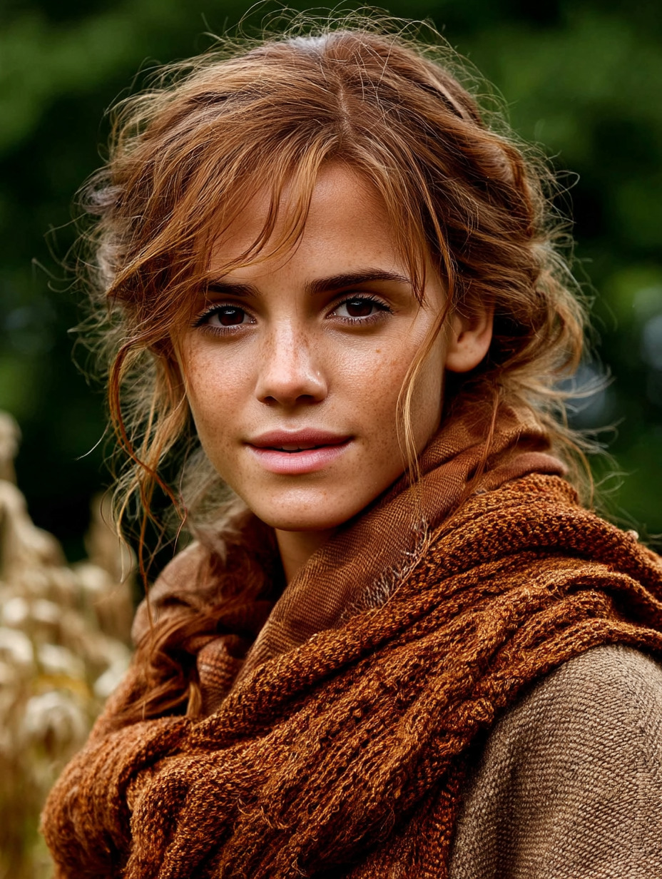 Woman with wavy brown hair and brown knitted scarf in outdoor portrait