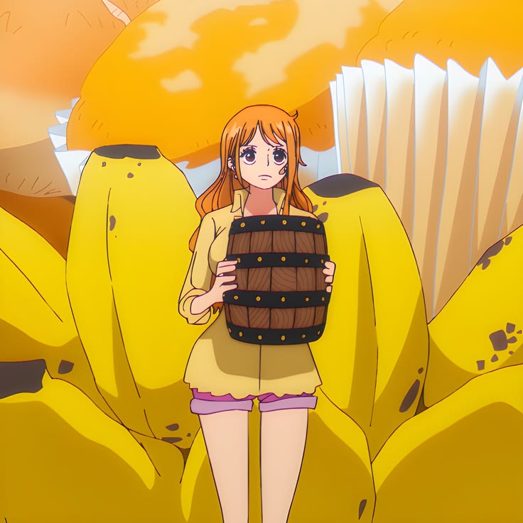 Anime girl with orange hair in yellow jacket holding wooden barrel against yellow background