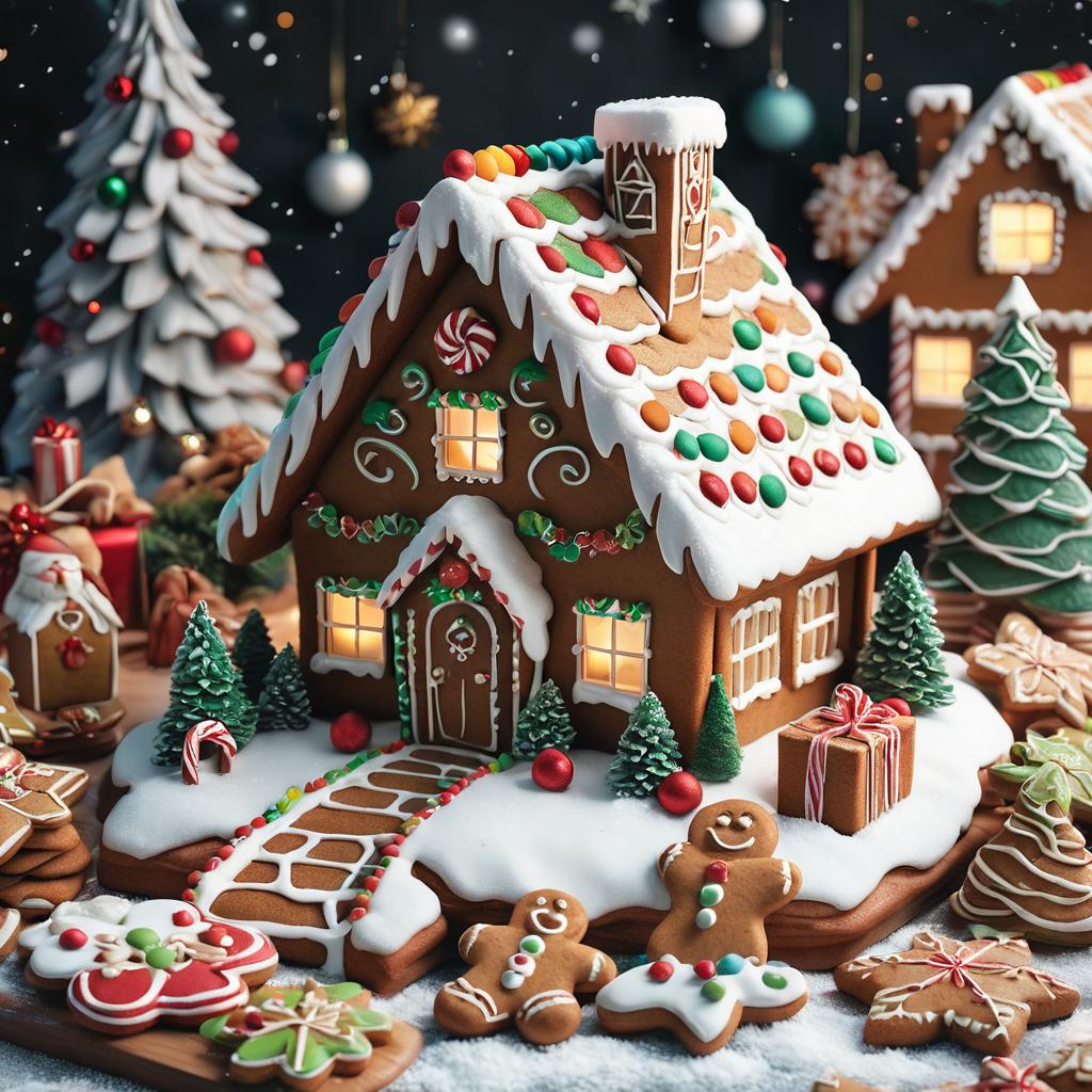 Decorated gingerbread house surrounded by Christmas cookies and miniature frosted trees on snowy surface