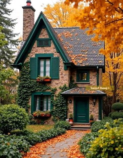 Brick cottage with green shutters, autumn trees, and a leaf-covered path