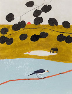 Minimalist painting of elephant drinking by water with spotted tree and bird on branch