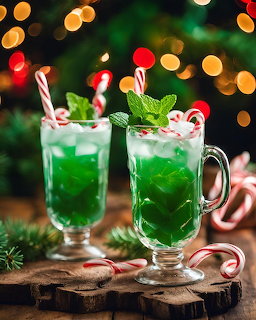 Two green Christmas cocktails in glass mugs with candy cane garnishes and mint leaves against bokeh lights