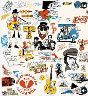 Collage of Tom Petty drawings, photos, guitars, and handwritten text in a scrapbook style