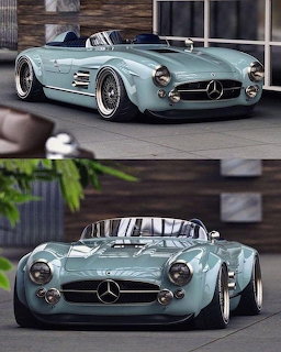 Light blue vintage Mercedes-Benz open-top roadster concept car shown from two angles