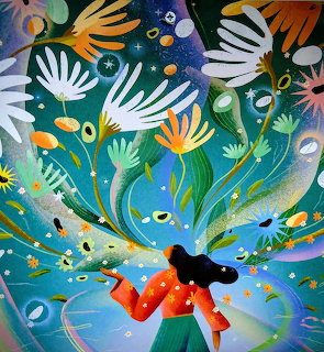 Illustration of a woman in red surrounded by colorful floating daisies and flowers against a teal sky