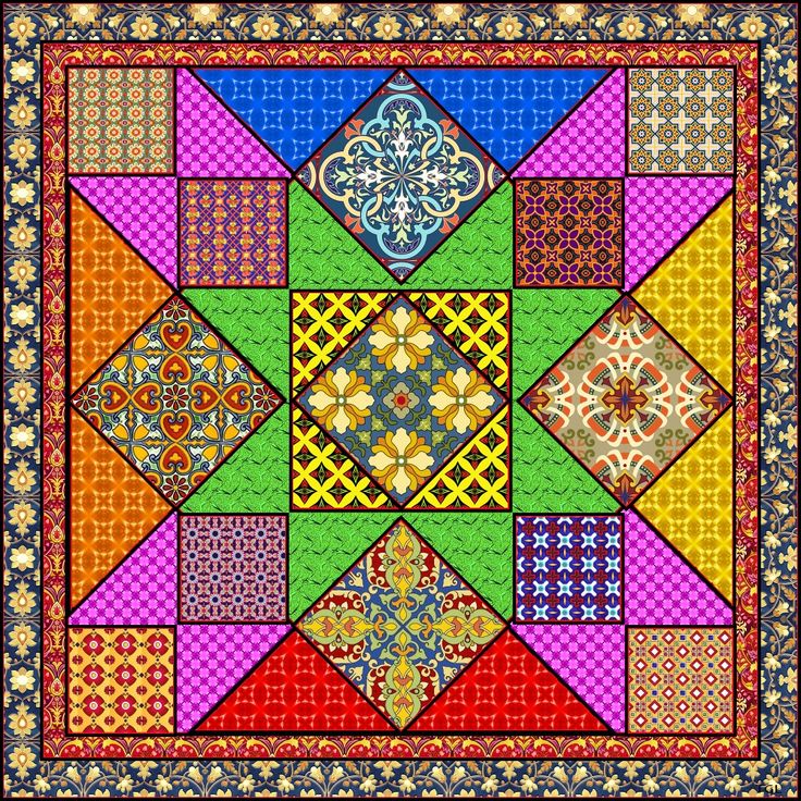 Colorful geometric quilt pattern with ornate decorative tiles arranged symmetrically in a square composition