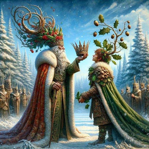 Two forest kings with antlers and nature crowns meet in a snowy woodland scene