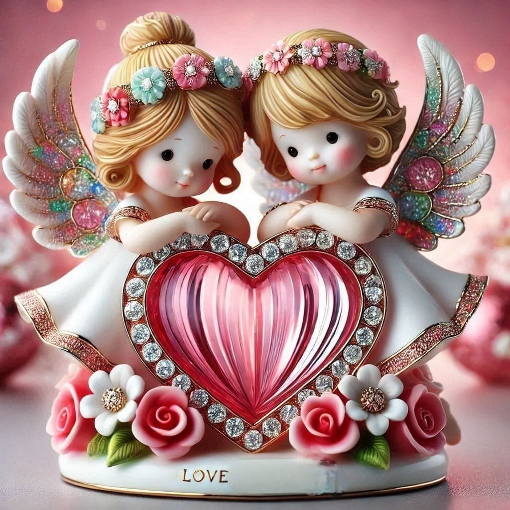 Two angel figurines holding a pink jeweled heart with roses on a soft pink background
