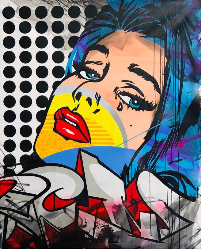 Pop art graffiti mural of a crying woman with blue hair and a yellow rubber duck on blue background