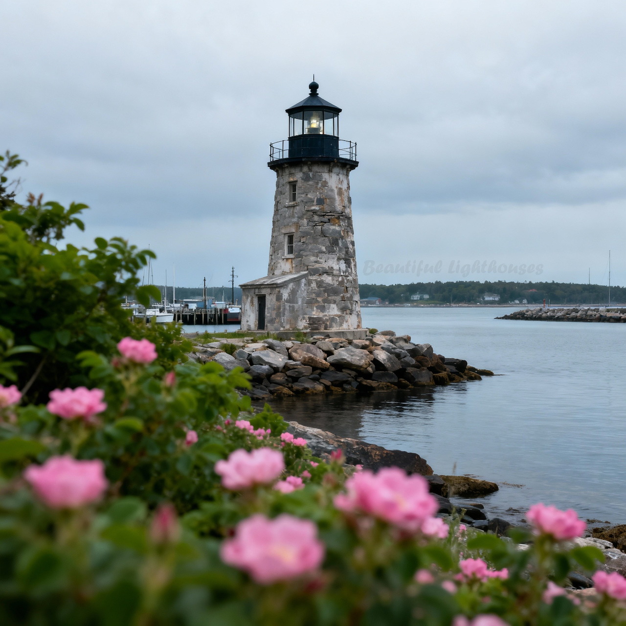 Stone lighthouse on rocky coast with pink flowers and calm inlet water