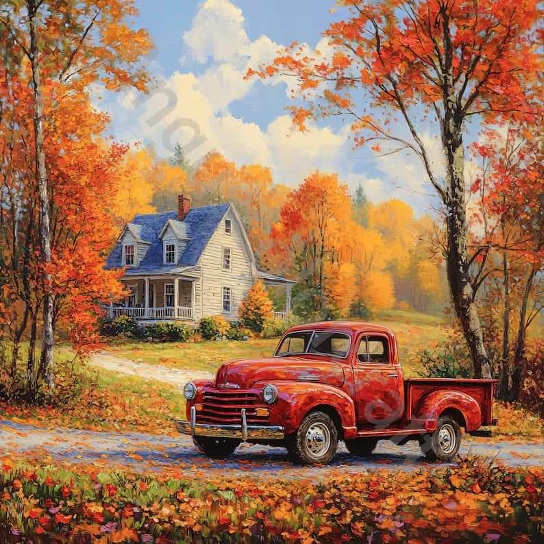Autumn Cottage with Vintage Truck