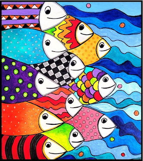Colorful mosaic art of smiling fish with geometric patterns in rainbow colors