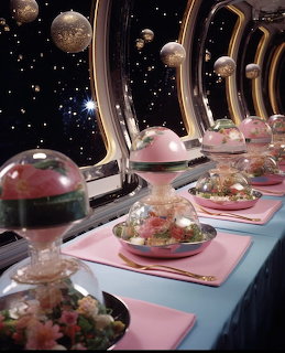 Retro futuristic spaceship interior with food under glass domes on pink placemats and gold decorations