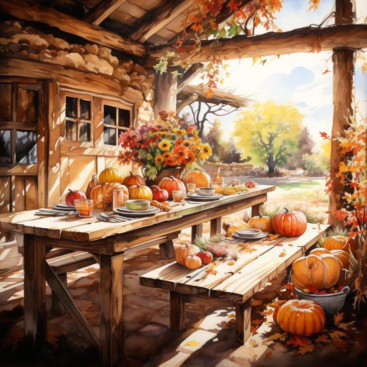 Rustic autumn table with pumpkins and flowers beside a wooden cabin in warm sunlight
