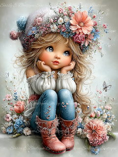 Illustrated portrait of a girl with colorful fantasy flowers around her