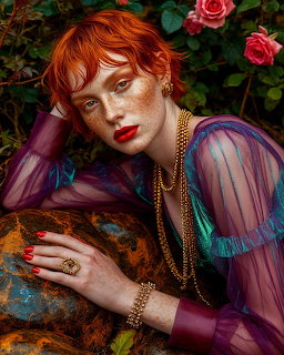 Freckled redhead woman in sheer purple blouse with gold jewelry posing by mosy rock with pink roses