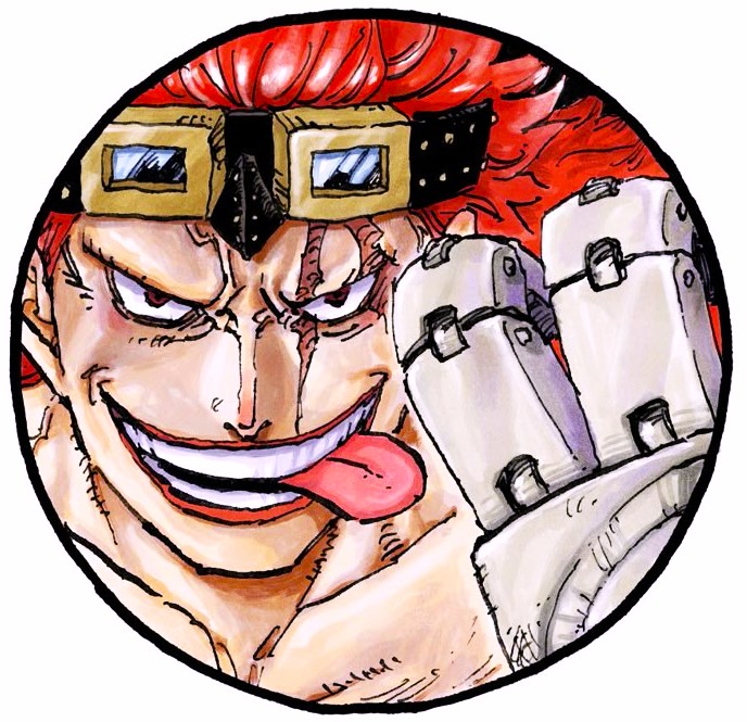 Anime character Eustass Kid with spiky red hair, goggles, and mechanical arm making a grinning expression