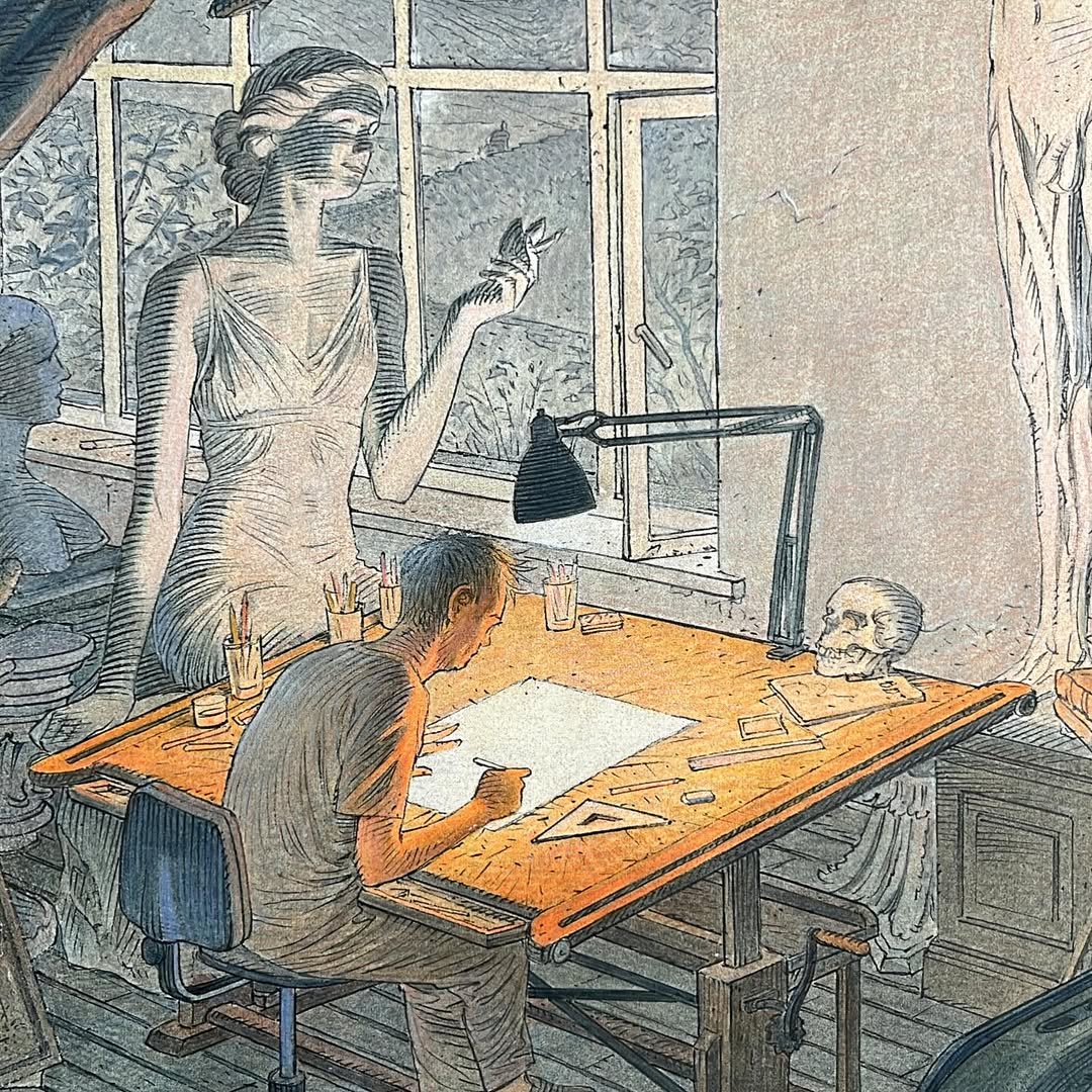 Illustration of a man at a drafting table with a woman standing behind and a ghostly male portrait nearby
