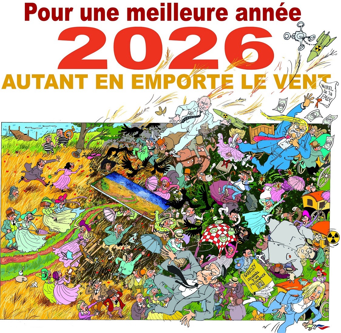 Crowded cartoon illustration with 2026 New Year greeting and humorous characters in chaotic scene