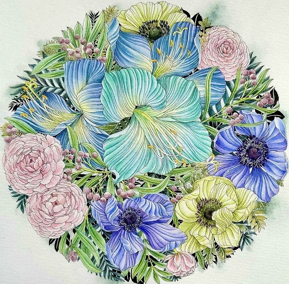 Circular watercolor floral arrangement with blue iris, pink roses, purple and yellow flowers on white background