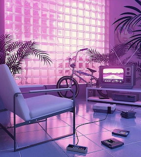 Retro room with purple neon lighting, white chair, old TV, bicycle, palm plants, and game controllers