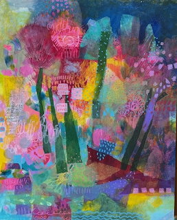 Abstract painting of colorful flowers in vase with expressive brushwork and rainbow hues