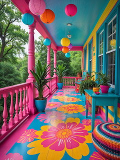 Brightly painted porch with pink columns, turquoise walls, colorful floor art, paper lanterns and plants