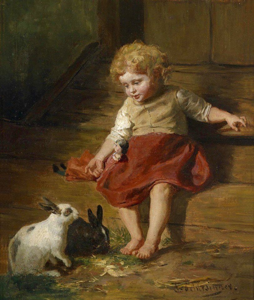 Painting of a young child sitting on a wooden floor beside two rabbits