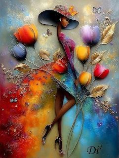 Painting of an elegant woman in a wide-brimmed hat surrounded by colorful tulips and butterflies