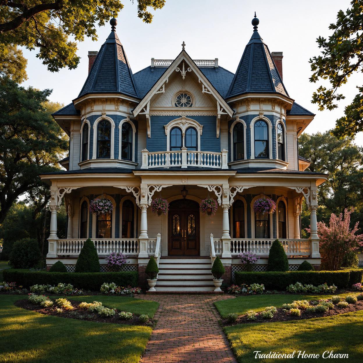 Grand Victorian mansion with twin turrets, ornate trim, and front porches surrounded by landscaped gardens