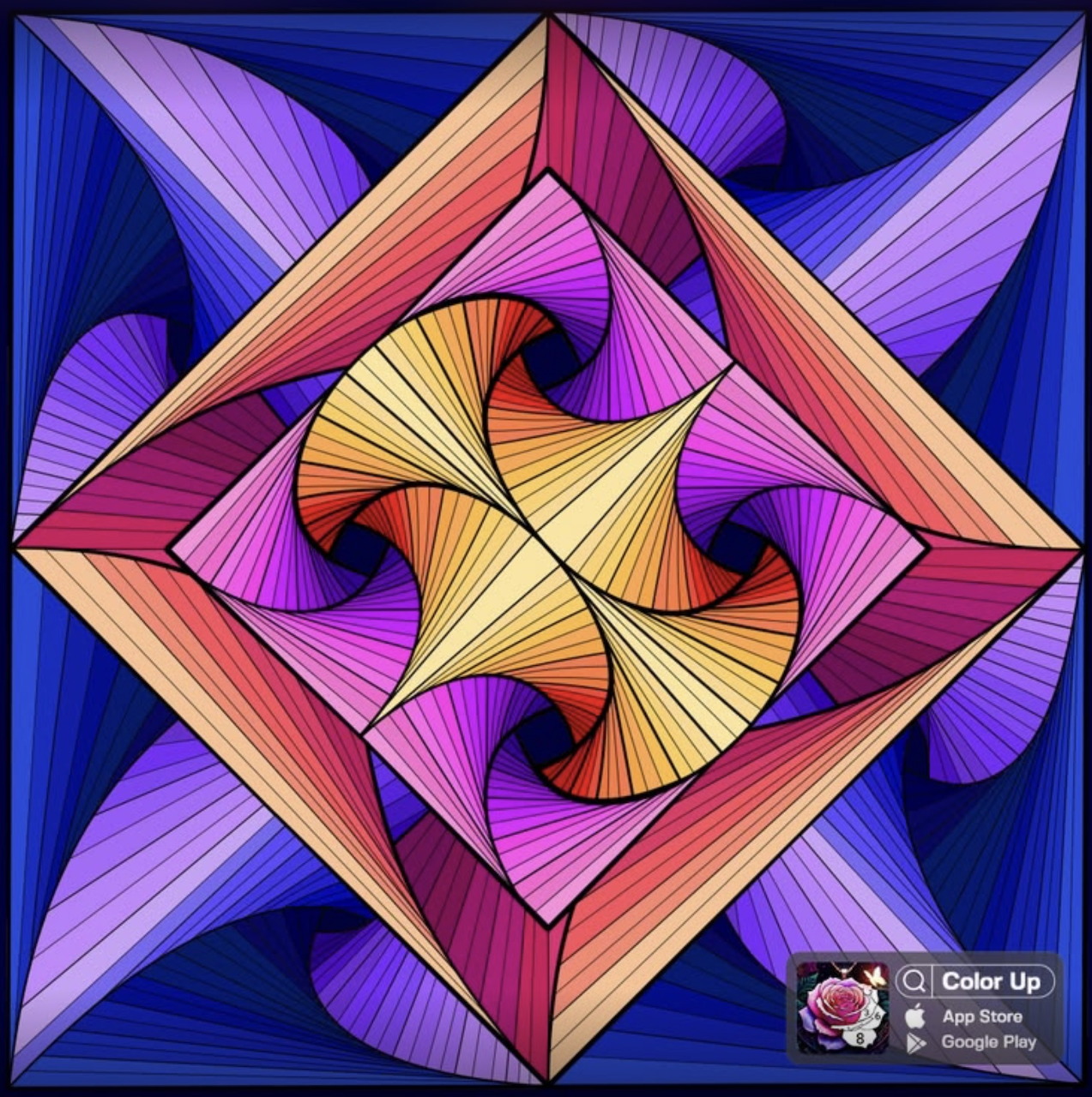 Colorful geometric stained glass pattern with rotating squares and radiating lines in purple, blue, pink, and orange