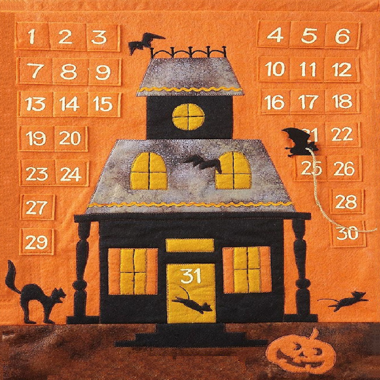 Black haunted house with yellow windows, black cats, crows, and pumpkin on orange background with numbered calendar squares