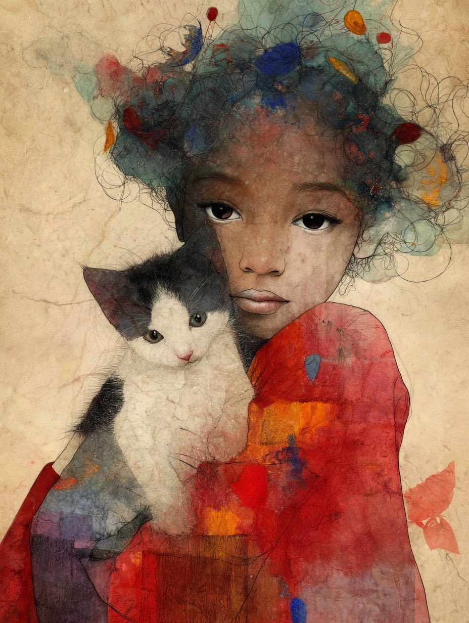 Young girl posing with a cat in a soft portrait scene.