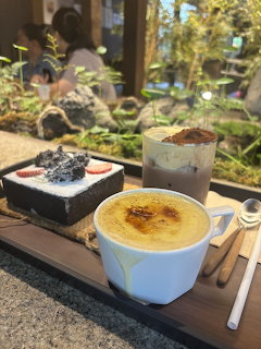 Dessert tray with brûlée, berry cake, and iced drink at Korean cafe with garden background