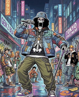 Skeleton character in jacket and cap poses in busy neon city street with crowds