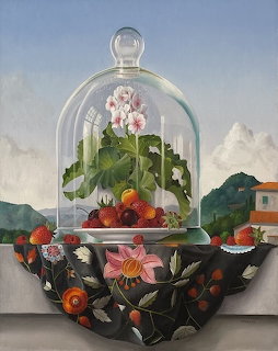Painting of flowers and fruit under a glass bell jar on a decorated bowl with mountains behind