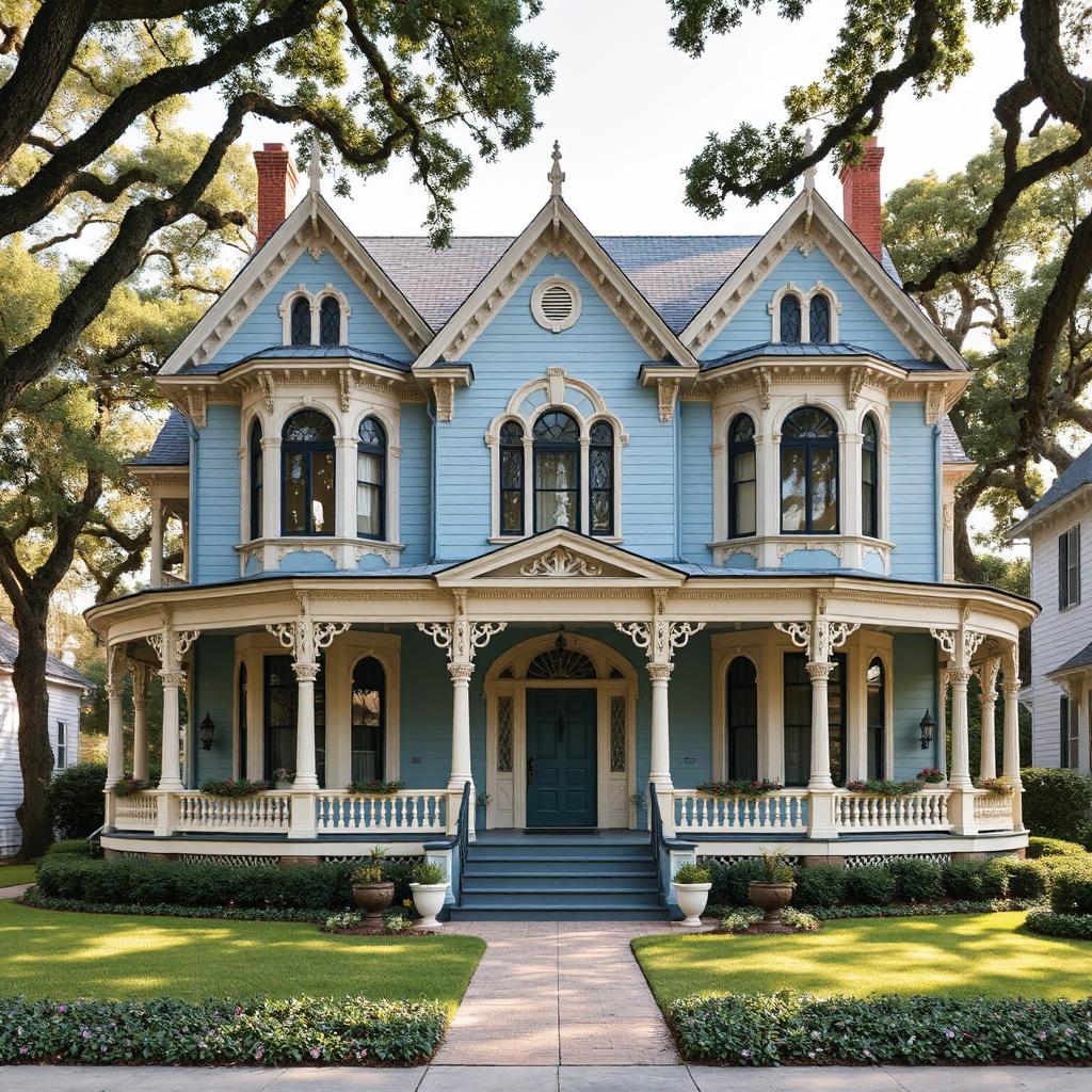 Blue Victorian house with white trim, front porch, decorative gables, and oak trees on lawn