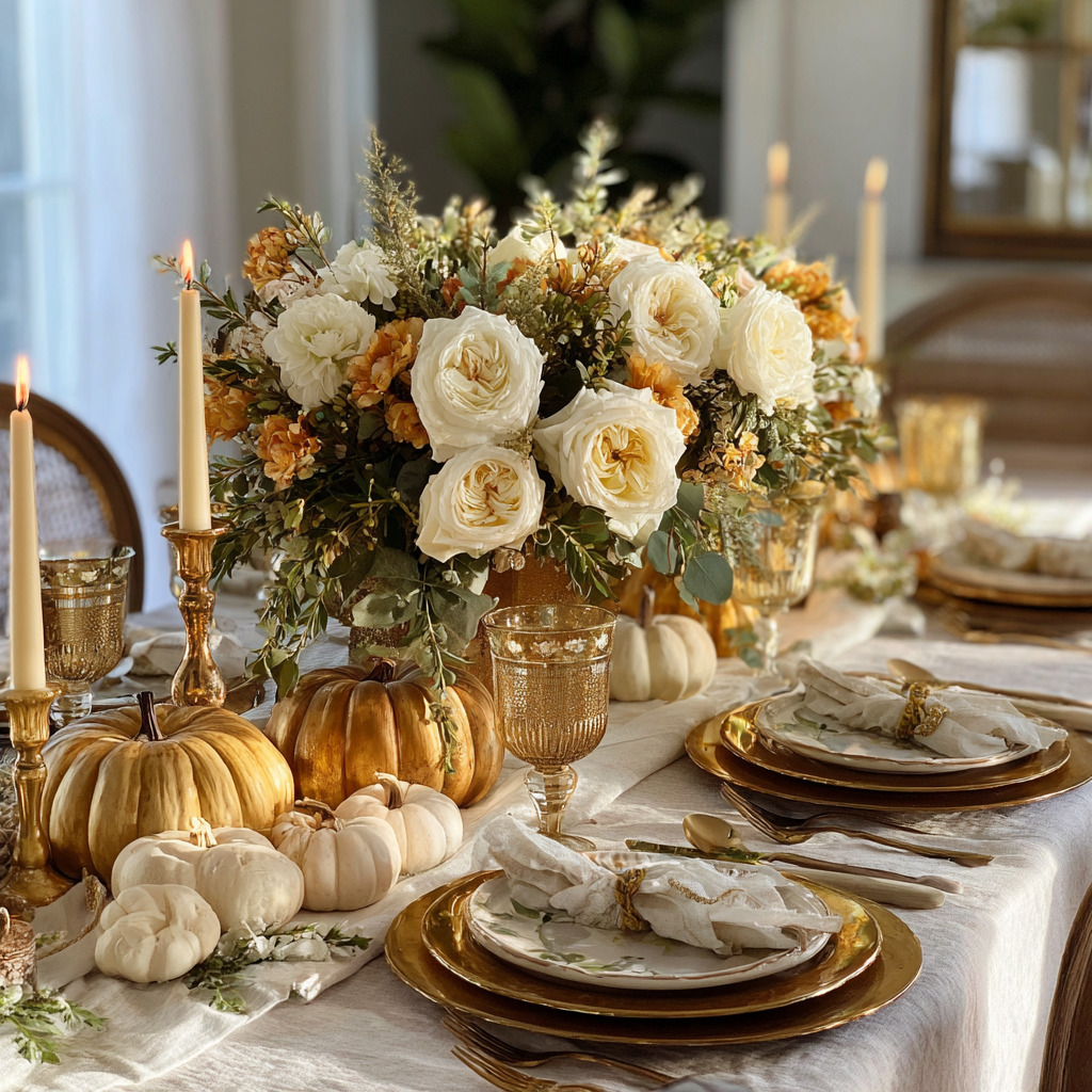 Elegant autumn table with white pumpkins, cream floral centerpiece, gold-rimmed plates, and taper candles