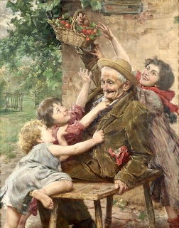 Painting of an old man picking cherries from a tree surrounded by three excited children