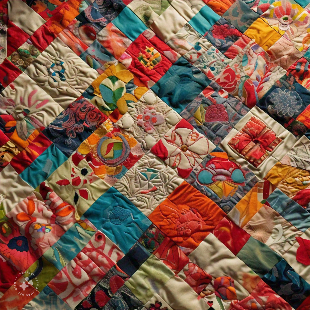 Colorful patchwork quilt with floral and geometric fabric squares in red, blue, yellow, and green tones