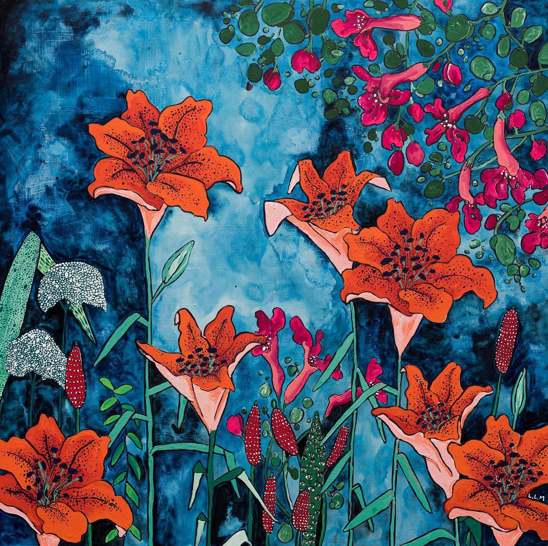 Colorful painting of orange lilies and pink flowers on blue background with green stems and leaves