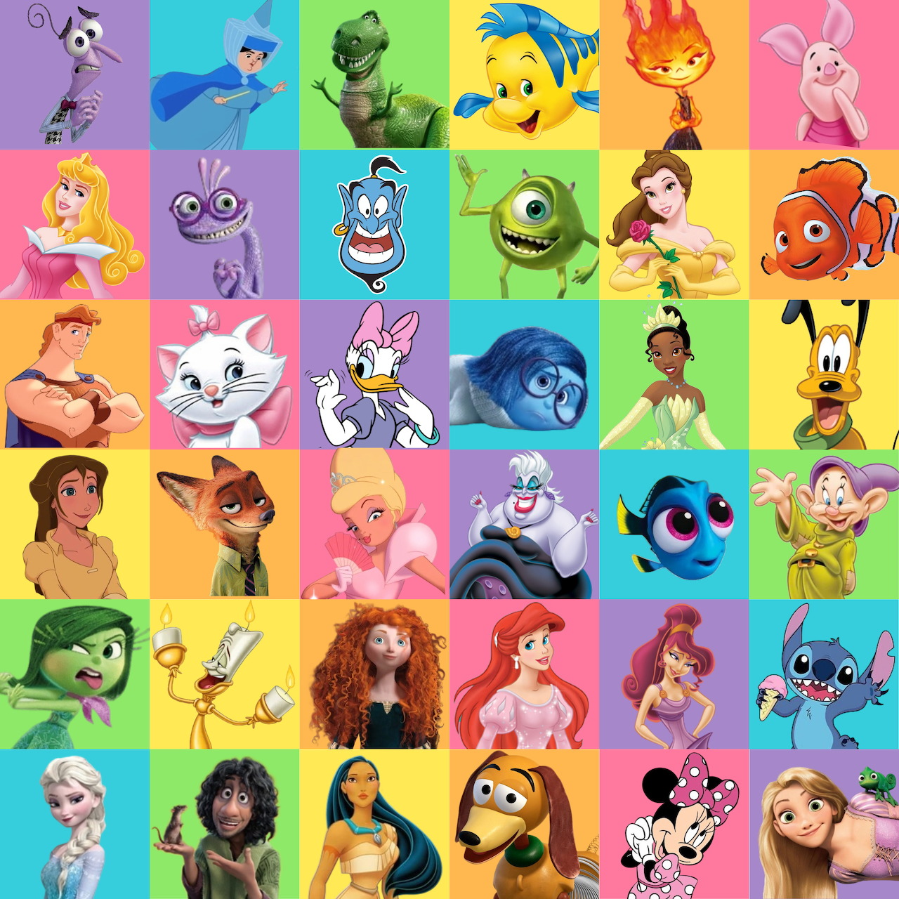 Grid of Disney and Pixar characters in colorful square tiles including Elsa, Nemo, Mike Wazowski, Stitch and others