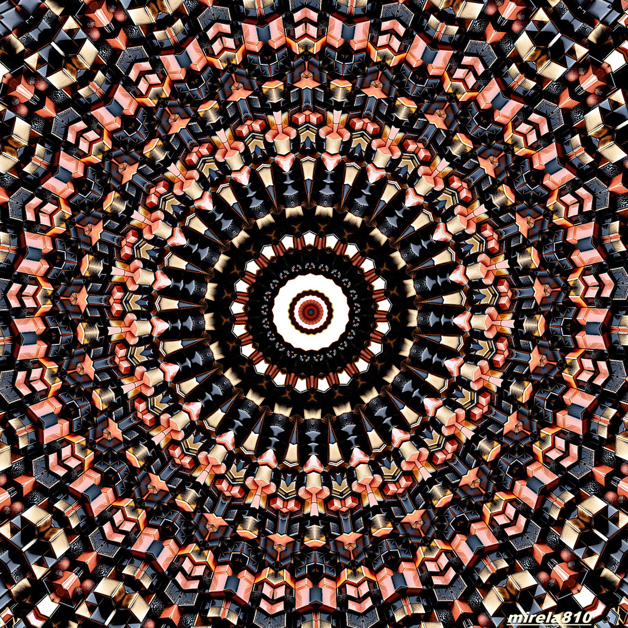 Symmetrical mandala with concentric circles in black, coral, and cream geometric patterns