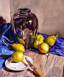 Still life painting with a dark glass vase, pears, lemons, blue cloth, plate, and knife