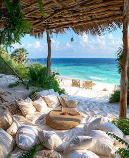 White cushions and pillows arranged on sand under a thatched roof with turquoise ocean in the background