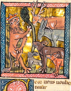 Medieval illuminated manuscript showing animals in human poses within decorated border with Gothic text below