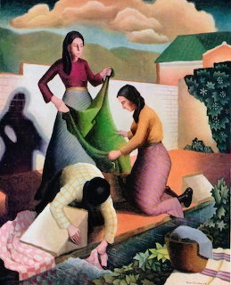 Painting of women doing laundry outdoors with colorful fabrics, hills and clouds in background