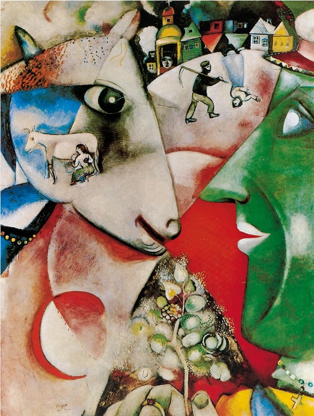 Marc Chagall painting I and the Village with surreal green face, white cow, and village scene