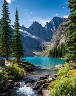 Turquoise mountain lake with dramatic peaks, pine trees, and stream in foreground