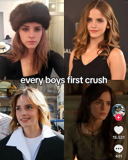 Collage of four photos of Emma Watson with caption 'every boys first crush'